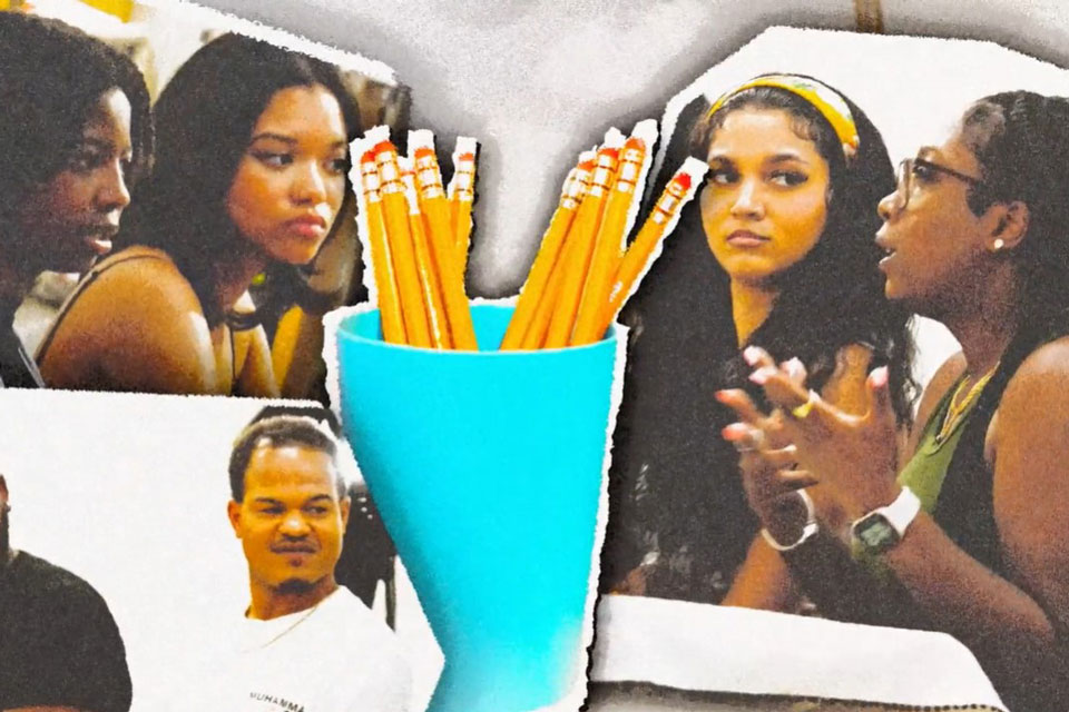 A collage featuring diverse individuals holding pencils in a cup, showcasing creativity and collaboration.