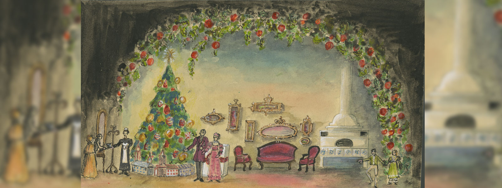 A festive painting depicting a decorated Christmas tree surrounded by holiday decorations and a cozy winter scene.  