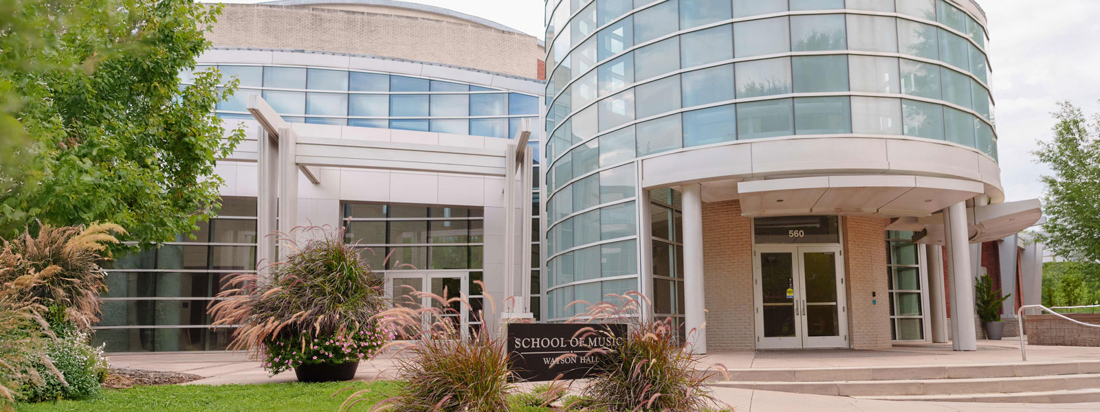 A building with glass paneling.
