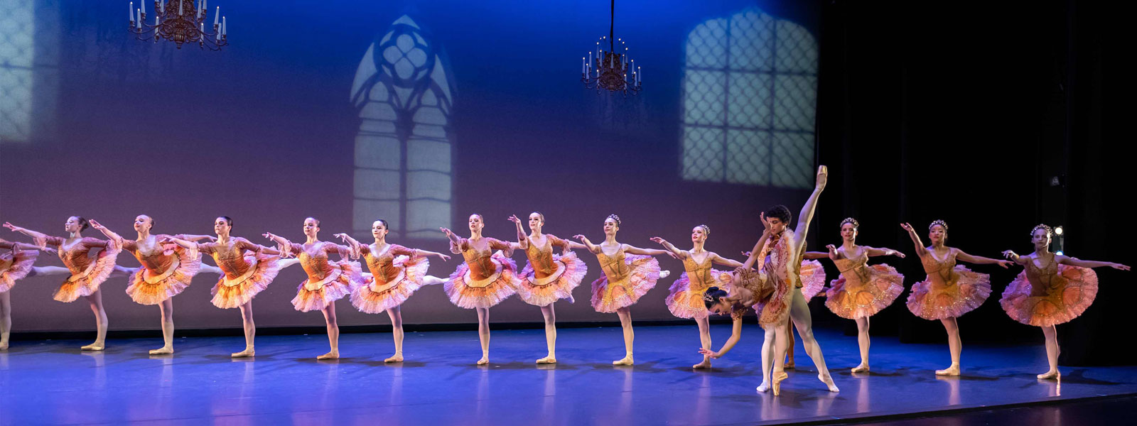 . A group of dancers wearing pink tutus performing on stage, showcasing their choreography and vibrant costumes.