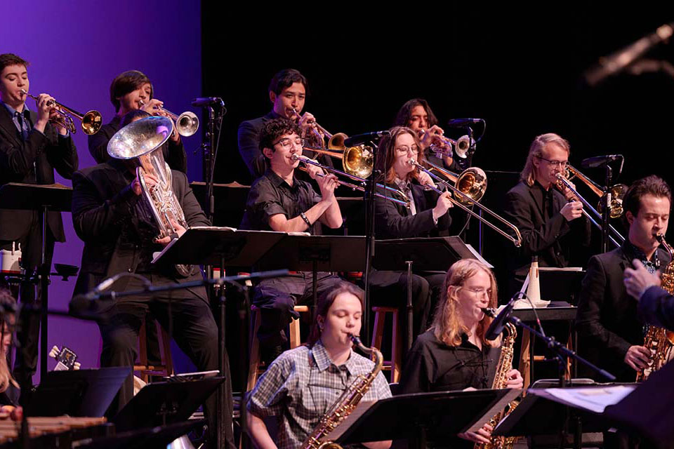 A group of musicians performing on stage, playing various instruments in a lively concert setting.