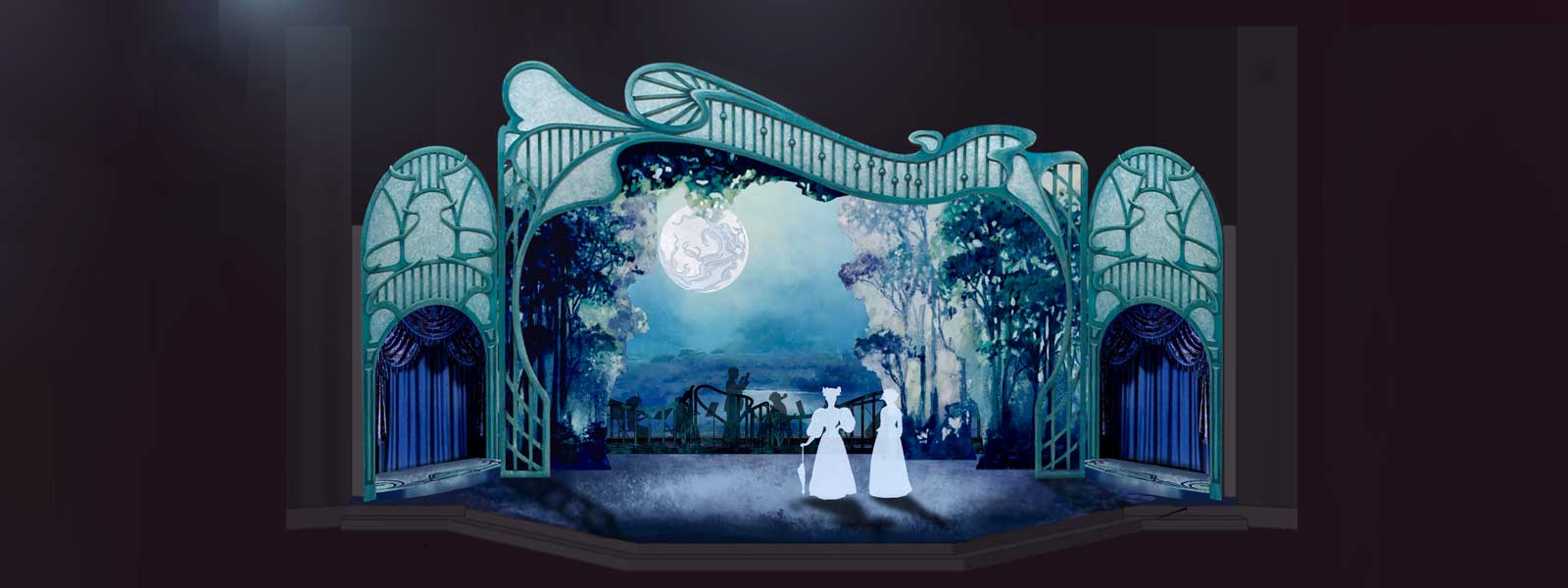 The stage features a blue and white color scheme, prepared for an upcoming show.