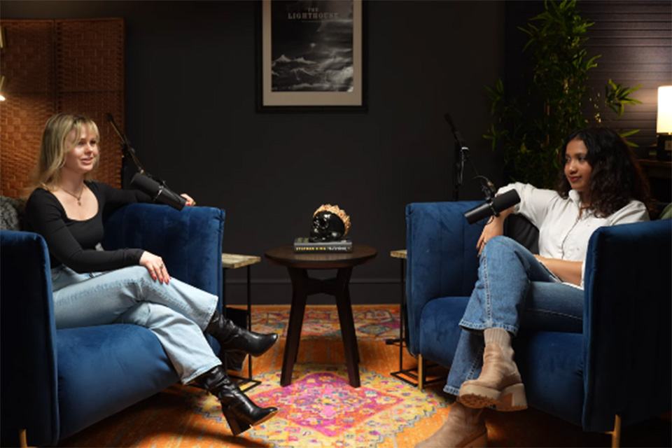 Becky Bruner and Sahiti Satish recording an episode of "Final Girls' Guide"