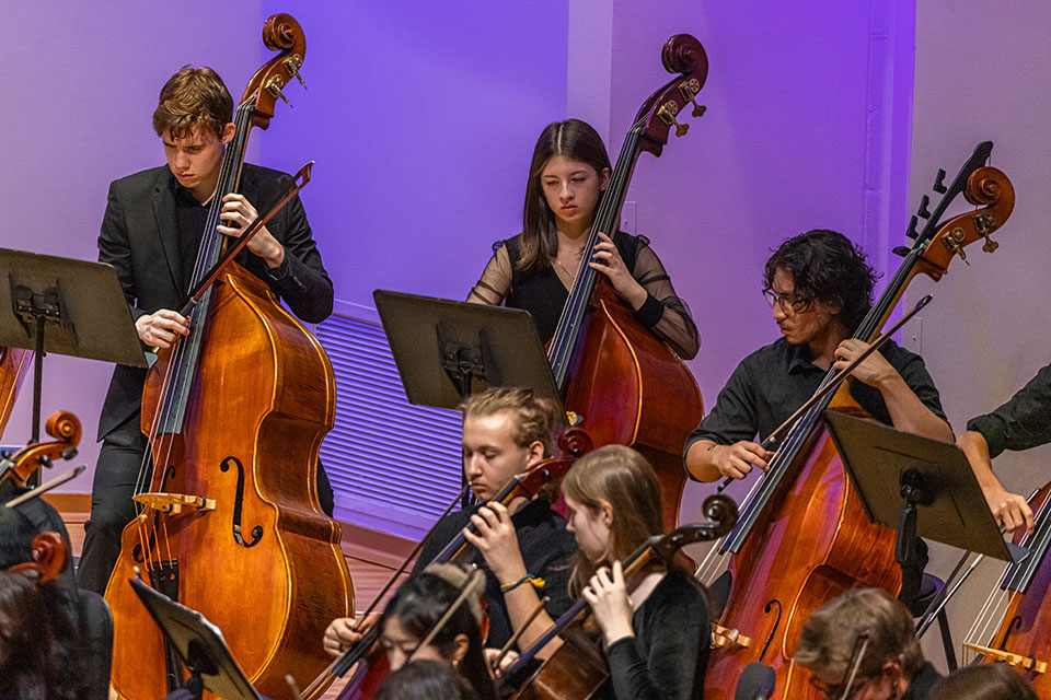 Double-bassist Sarah Jafroodi performs with the UNCSA Symphony Orchestra