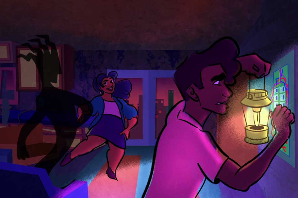  In a dark room, a cartoon man shines a lamp, casting light on his surroundings.