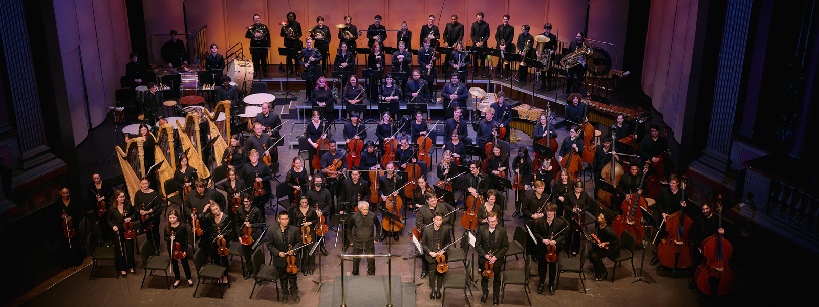 A large orchestra with musicians playing various instruments, led by a conductor in formal attire.