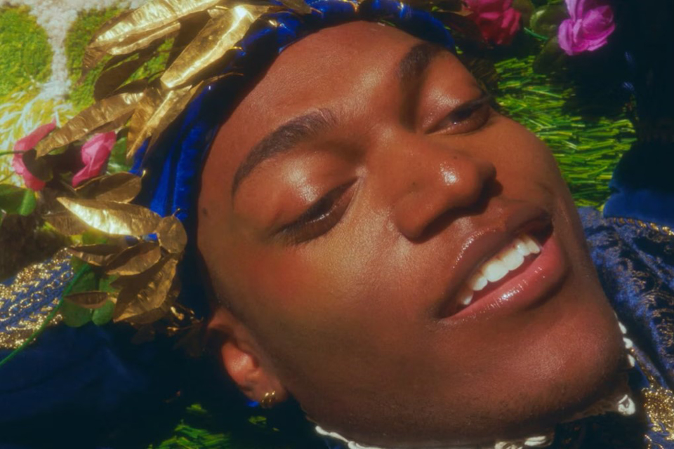 A person lies on the ground surrounded by colorful flowers, creating a serene and peaceful atmosphere.