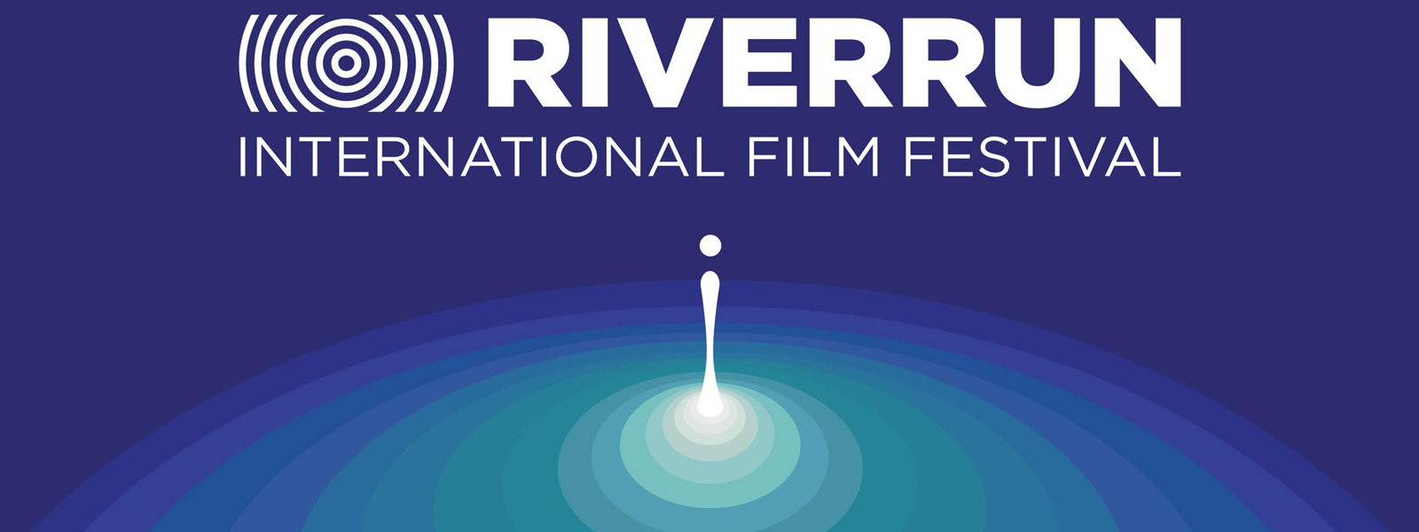 Riverrun International Film Festival logo showcasing a film reel and bold typography in a dynamic layout. 