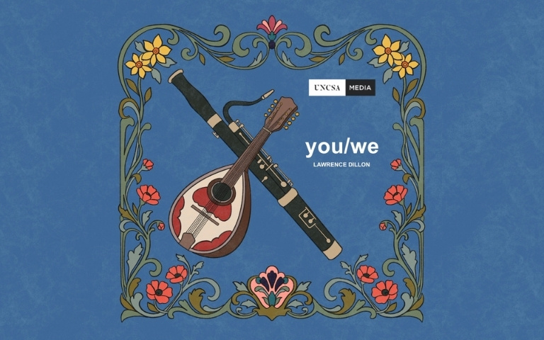 Illustrated album cover for you/we by Lawrence Dillon featuring a crossed mandolin and bassoon in a floral blue frame.